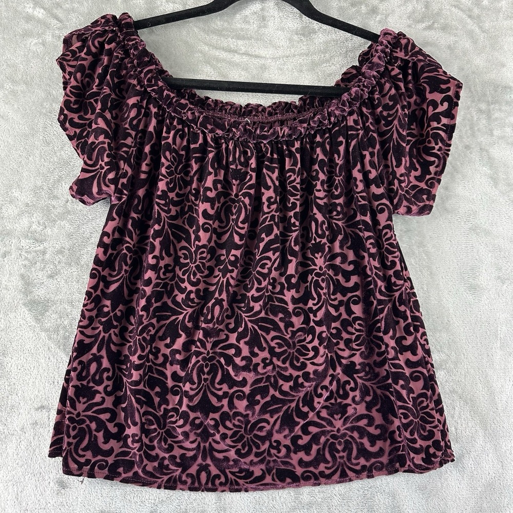 Hollister Top Women's S Burgundy Red Velvet Burnout Floral Off Shoulder Boho